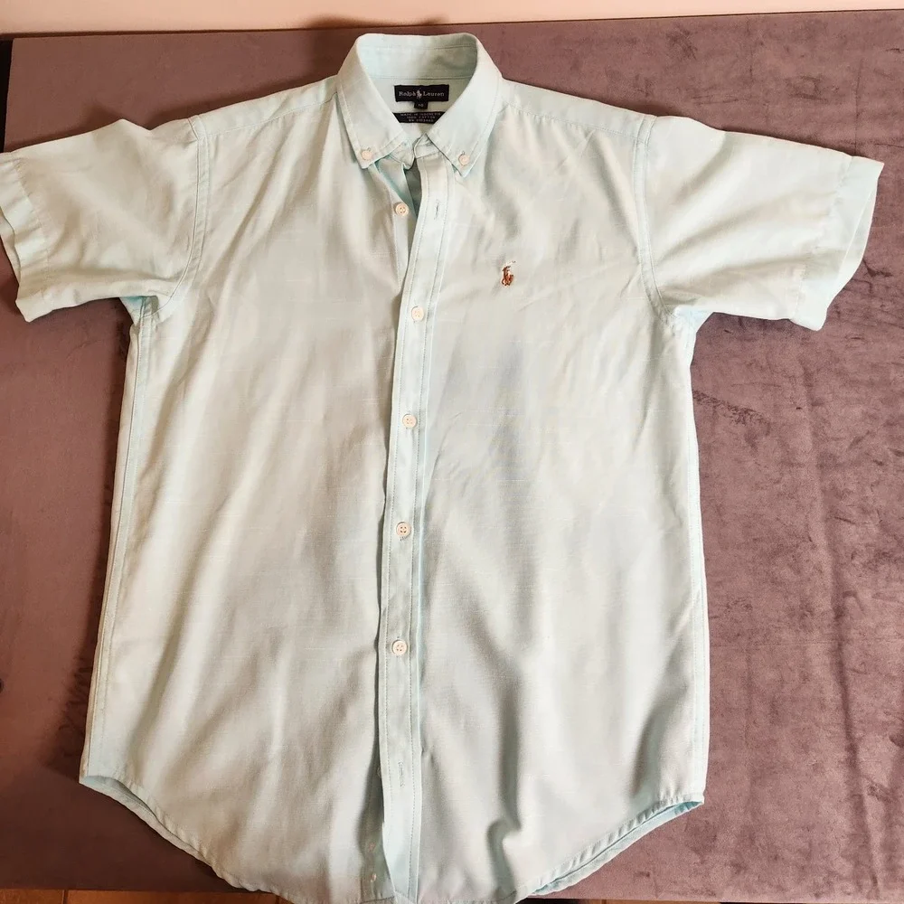 Ralph Lauren Boys 16 Shirt Mint Green Short Sleeve Button Down Fits Men XS